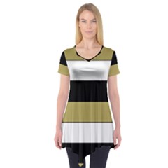 Black Brown Gold White Horizontal Stripes Elegant 8000 Sv Festive Stripe Short Sleeve Tunic 