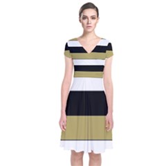 Black Brown Gold White Horizontal Stripes Elegant 8000 Sv Festive Stripe Short Sleeve Front Wrap Dress by yoursparklingshop