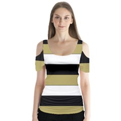 Black Brown Gold White Horizontal Stripes Elegant 8000 Sv Festive Stripe Butterfly Sleeve Cutout Tee 