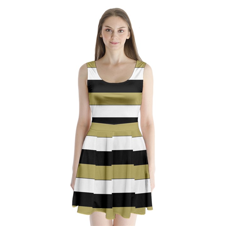 Black Brown Gold White Horizontal Stripes Elegant 8000 Sv Festive Stripe Split Back Mini Dress 