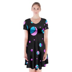 Blue And Purple Dots Short Sleeve V-neck Flare Dress