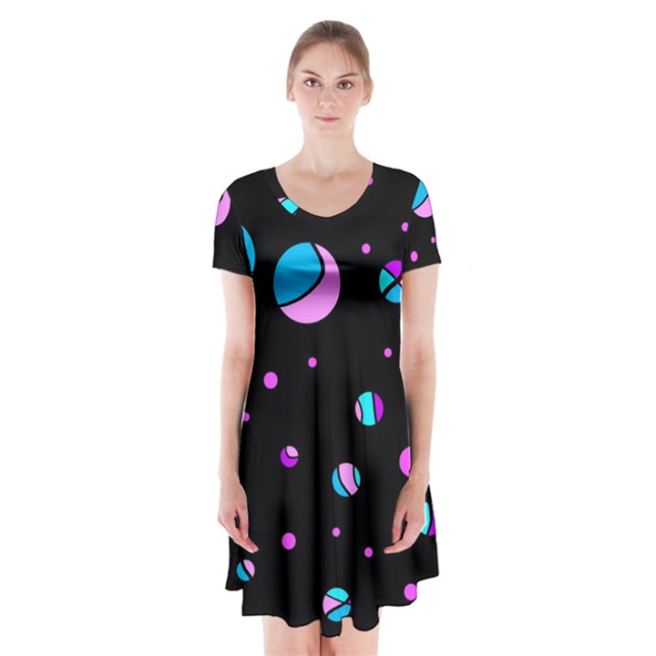 Blue and purple dots Short Sleeve V-neck Flare Dress