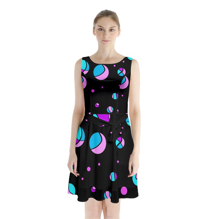 Blue and purple dots Sleeveless Chiffon Waist Tie Dress