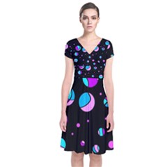 Blue And Purple Dots Short Sleeve Front Wrap Dress