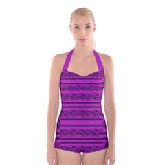 Magenta Barbwire Boyleg Halter Swimsuit 