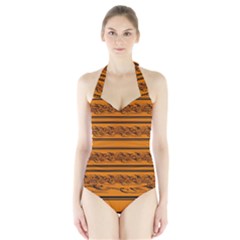 Orange Barbwire Pattern Halter Swimsuit