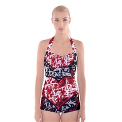 Red Graffiti Style Hart  Boyleg Halter Swimsuit 