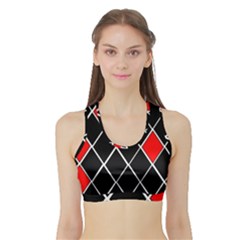 Elegant Black And White Red Diamonds Pattern Sports Bra With Border