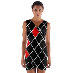 Elegant Black And White Red Diamonds Pattern Wrap Front Bodycon Dress