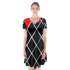 Elegant Black And White Red Diamonds Pattern Short Sleeve V-neck Flare Dress