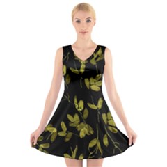 Dark Floral Print V-neck Sleeveless Skater Dress