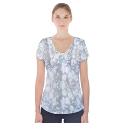 Light Circles, Blue Gray White Colors Short Sleeve Front Detail Top