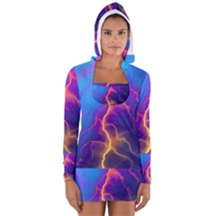 Lightning Colors, Blue Sky, Pink Orange Yellow Women s Long Sleeve Hooded T-shirt