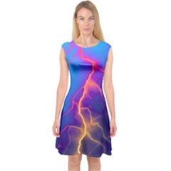 Lightning Colors, Blue Sky, Pink Orange Yellow Capsleeve Midi Dress