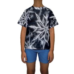 Snowflake In Feather Look, Black And White Kids  Short Sleeve Swimwear