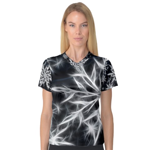 Snowflake In Feather Look, Black And White Women s V-neck Sport Mesh Tee by picsaspassion