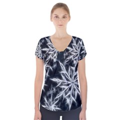 Snowflake In Feather Look, Black And White Short Sleeve Front Detail Top