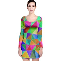 Triangles, Colorful Watercolor Art  Painting Long Sleeve Velvet Bodycon Dress by picsaspassion