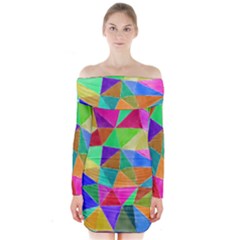 Triangles, Colorful Watercolor Art  Painting Long Sleeve Off Shoulder Dress