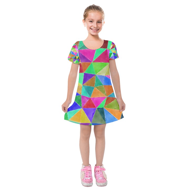 Triangles, colorful watercolor art  painting Kids  Short Sleeve Velvet Dress