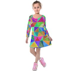 Triangles, Colorful Watercolor Art  Painting Kids  Long Sleeve Velvet Dress