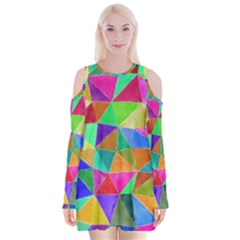 Triangles, Colorful Watercolor Art  Painting Velvet Long Sleeve Shoulder Cutout Dress by picsaspassion