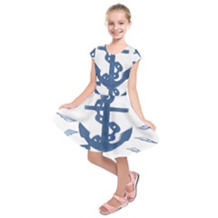 Blue Anchor,  Aquarel Painting Art Kids  Short Sleeve Dress