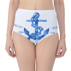 Anchor Aquarel Painting Art, Soft Blue High-waist Bikini Bottoms