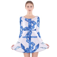 Anchor Aquarel Painting Art, Soft Blue Long Sleeve Velvet Skater Dress