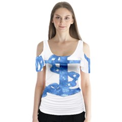 Anchor Aquarel Painting Art, Soft Blue Butterfly Sleeve Cutout Tee 