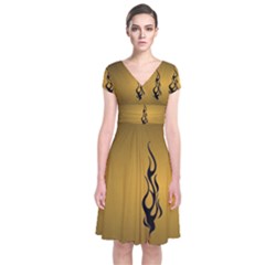 Flame Black, Golden Background Short Sleeve Front Wrap Dress