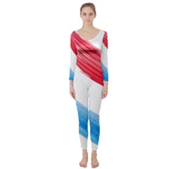 Tricolor Banner Watercolor Painting, Red Blue White Long Sleeve Catsuit