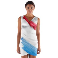 Tricolor Banner Watercolor Painting, Red Blue White Wrap Front Bodycon Dress