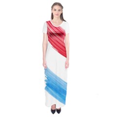 Tricolor Banner Watercolor Painting, Red Blue White Short Sleeve Maxi Dress