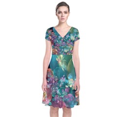 Butterflies, Bubbles, And Flowers Short Sleeve Front Wrap Dress