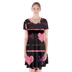 Pink Elegant Harts Pattern Short Sleeve V-neck Flare Dress