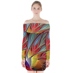 Fractal Bird Of Paradise Long Sleeve Off Shoulder Dress by WolfepawFractals