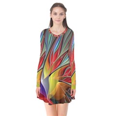 Fractal Bird Of Paradise Long Sleeve V-neck Flare Dress by WolfepawFractals