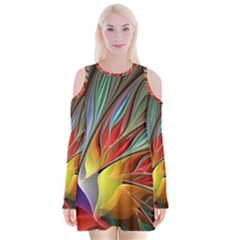 Fractal Bird Of Paradise Velvet Long Sleeve Shoulder Cutout Dress by WolfepawFractals