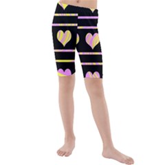 Pink And Yellow Harts Pattern Kids  Mid Length Swim Shorts