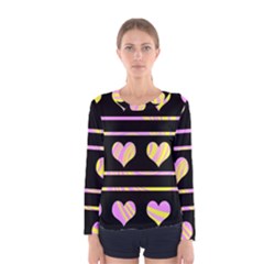 Pink And Yellow Harts Pattern Women s Long Sleeve Tee