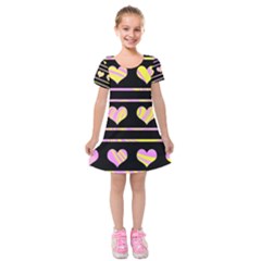 Pink And Yellow Harts Pattern Kids  Short Sleeve Velvet Dress by Valentinaart