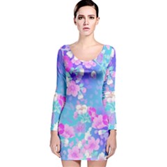 Colorful Pastel  Flowers Long Sleeve Velvet Bodycon Dress by Brittlevirginclothing