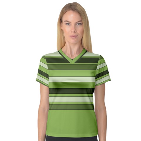 Greenery Stripes Pattern Horizontal Stripe Shades Of Spring Green Women s V-neck Sport Mesh Tee by yoursparklingshop