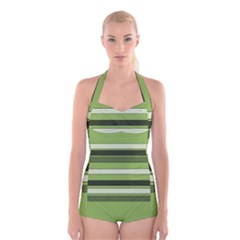 Greenery Stripes Pattern Horizontal Stripe Shades Of Spring Green Boyleg Halter Swimsuit  by yoursparklingshop