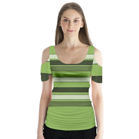 Greenery Stripes Pattern Horizontal Stripe Shades Of Spring Green Butterfly Sleeve Cutout Tee  by yoursparklingshop