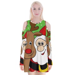 Rudolph And Santa Selfie Velvet Long Sleeve Shoulder Cutout Dress by Valentinaart