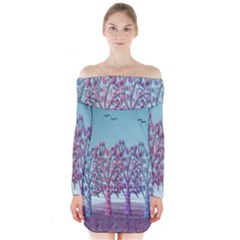 Blue Magical Landscape Long Sleeve Off Shoulder Dress by Valentinaart