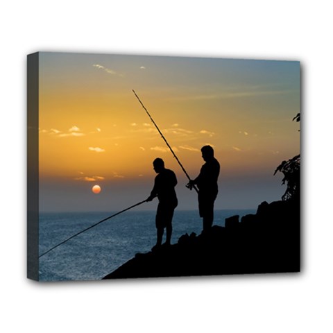 Two Men Fishing At Shore Deluxe Canvas 20  X 16   by dflcprints