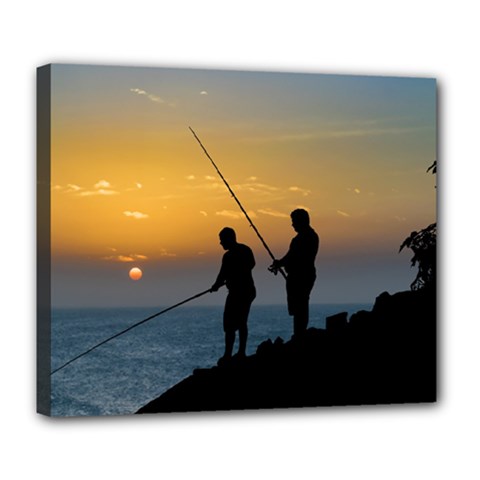 Two Men Fishing At Shore Deluxe Canvas 24  X 20   by dflcprints